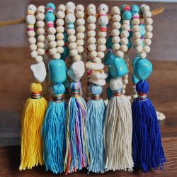 Handmade Wooden Beads Tassel Pendant Long Necklace Bohemian Irregular Turquoise Soft Ceramic Beaded Sweater Chain - #3