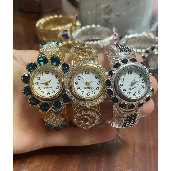 Trendy quartz watch décor rhinestones, three colors 