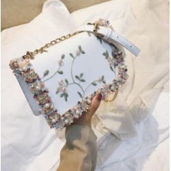 Lace Flowers Women Bag Handbag PU Leather Sweet Girl Square Bag Flower Pearl Chain Shoulder Messenger Bag