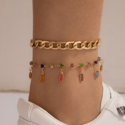 Bohemian style alloy double layer foot chain fashion color inlaid drilling