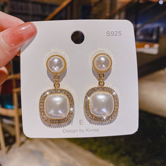 S925 Silver plated earrings female INS light luxury style decor pearl and rhinestone