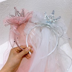 Children sequin crown hair band little girl mesh flutter headband princess bow shawl head veil hair ornament hair accessory hairpin