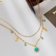 Solid titanium chain multilayer necklace with pine leaf design turquoise eyes necklace