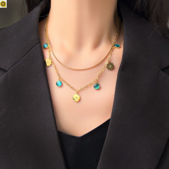 Solid titanium chain multilayer necklace with pine leaf design turquoise eyes necklace