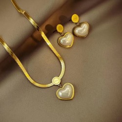 316L Stainless Steel Necklace Pearl Heart Pendant Earrings for Women Luxury Jewelry 
