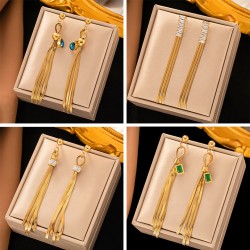 316L Stainless Steel Green Zircon Long Pendant Tassel Earrings For Women Fashion Girls Ear Jewelry Party Gifts