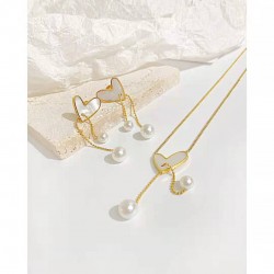 316L Stainless Steel Heart Pearl Long Pendant Necklace Earrings For Women
