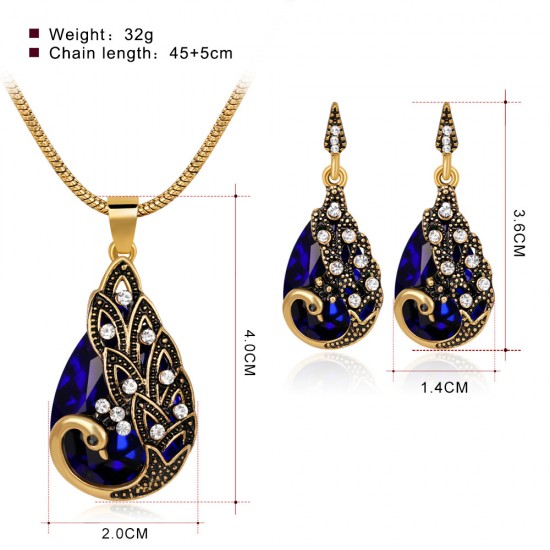 The new retro peacock necklace set cross -border thermal sales necklace ear ring two -piece head jewelry spot