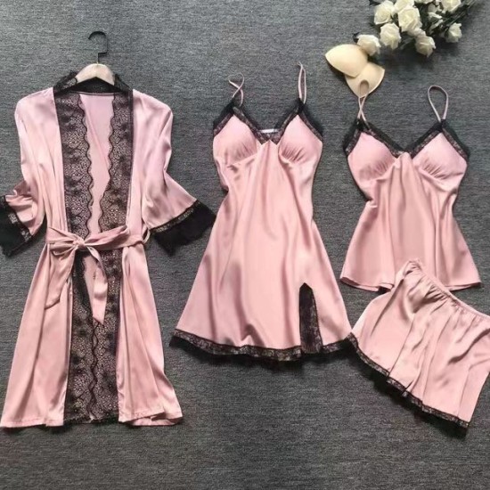 Pajamas 4 قطع مجموعة لرفع الربيع والصيف مثير الجليد الحرير الكوري على الطراز الكوري. Pajamas 4 قطع مجموعة لرفع الربيع والصيف مثير الجليد الحرير الكوري على الطراز الكوري.