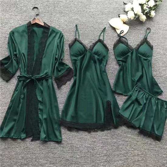 Pajamas 4 قطع مجموعة لرفع الربيع والصيف مثير الجليد الحرير الكوري على الطراز الكوري. Pajamas 4 قطع مجموعة لرفع الربيع والصيف مثير الجليد الحرير الكوري على الطراز الكوري.