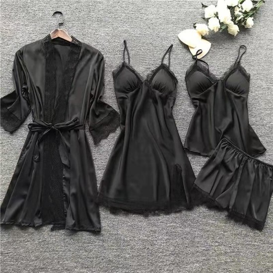 Pajamas 4 قطع مجموعة لرفع الربيع والصيف مثير الجليد الحرير الكوري على الطراز الكوري. Pajamas 4 قطع مجموعة لرفع الربيع والصيف مثير الجليد الحرير الكوري على الطراز الكوري.