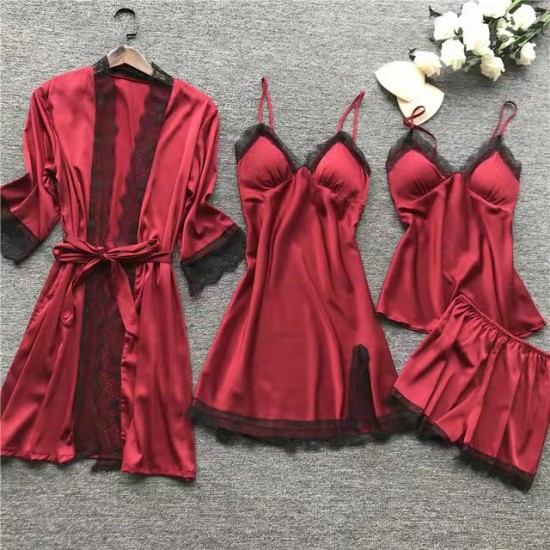 Pajamas 4 قطع مجموعة لرفع الربيع والصيف مثير الجليد الحرير الكوري على الطراز الكوري. Pajamas 4 قطع مجموعة لرفع الربيع والصيف مثير الجليد الحرير الكوري على الطراز الكوري.