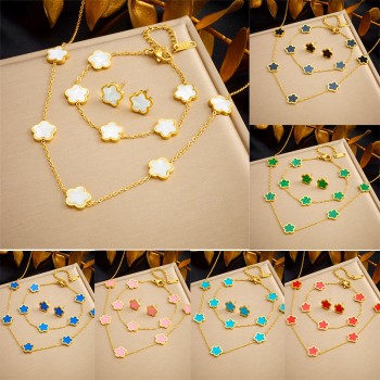 أوروبا والولايات المتحدة نمط مزاجه خمر زهرة الملحقات زهرة الفولاذ المقاوم للصدأ مطلية بالذهب أقراط سوار قلادة مجموعة من ثلاثة