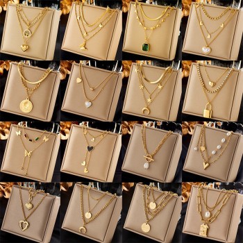 أوروبا والولايات المتحدة عبر الحدود أزياء الرجعية مطلي بالذهب مزدوجة الطبقات تتداخل مع عناصر متعددة قلادة فراشة لؤلؤة جولة العلامة التجارية قلادة