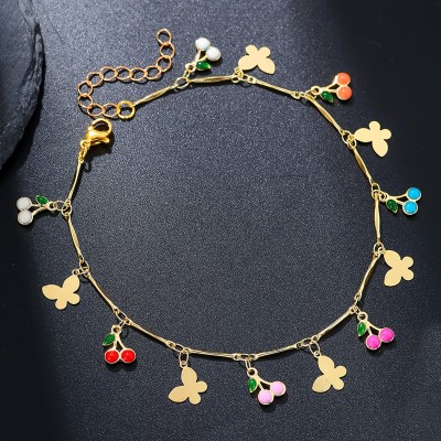 الجملة النسخة الكورية الإناث الموضة خلخال 18K مطلية بالذهب القلب الكرز الأزرق العين الديكور القدم للهدايا