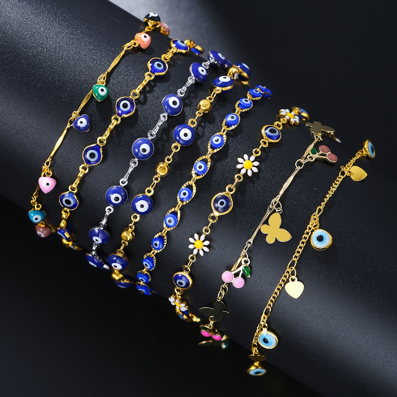 الجملة النسخة الكورية الإناث الموضة خلخال 18K مطلية بالذهب القلب الكرز الأزرق العين الديكور القدم للهدايا