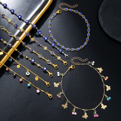 الجملة النسخة الكورية الإناث الموضة خلخال 18K مطلية بالذهب القلب الكرز الأزرق العين الديكور القدم للهدايا